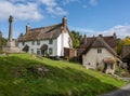 Thatched cottages by the village green of Lustleigh in Devon Royalty Free Stock Photo