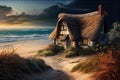 thatched house on the beach, overlooking the ocean Royalty Free Stock Photo