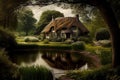 thatched house hidden among the trees, with a view of a tranquil pond