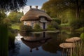 thatched house hidden among the trees, with a view of a tranquil pond