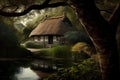 thatched house hidden among the trees, with a view of a tranquil pond