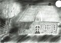 Thatched House at Night, Hand Drawn Pencil Drawing on Stone Paper