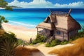 thatched house with view of the ocean, surrounded by sandy beach and clear blue water Royalty Free Stock Photo
