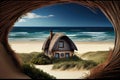 thatched house with view of the ocean, surrounded by sandy beach and clear blue water Royalty Free Stock Photo