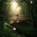 Thatched Hut in Lush Tropical Forest at Sunrise Royalty Free Stock Photo