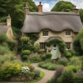 A thatched-roof cottage in a charming English village, surrounded by lush gardens and stone walls Royalty Free Stock Photo