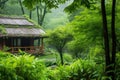 thatched roof of a forest lodge among bamboo groves