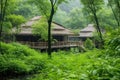 thatched roof of a forest lodge among bamboo groves