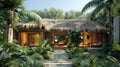 Thatched Roof House Surrounded by Palm Trees Royalty Free Stock Photo