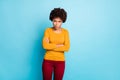 Thats enough. Frustrated irritated annoyed afro american girl cross hands have misunderstanding her sweetheart frown Royalty Free Stock Photo