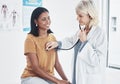 Thats what healthy lungs should sound like. a doctor examining a woman with a stethoscope.