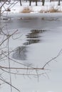 Thawing water in a frozen pond or lake in early spring