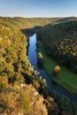 Thaya river during summer or autumn time. Sunny day in the Thayatal Valley, National park, Lower Austria. Top view of the river