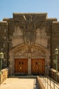 Thayer Hall entrance. This historic building completed in 1909 houses the military academy`s bookstore