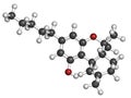 THC (delta-9-tetrahydrocannabinol, dronabinol) cannabis drug molecule. Atoms are represented as spheres with conventional color