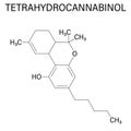 THC, delta-9-tetrahydrocannabinol, dronabinol, cannabis drug molecule. Skeletal formula.