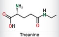 Theanine, theanin molecule. It is neuroprotective agent, plant metabolite, is found in green tea. Skeletal chemical formula Royalty Free Stock Photo