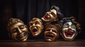 theater actor masks with different emotions in golden color