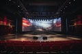 Theater auditorium with red seats and lighting. 3d rendering, A modern training hall with chairs facing a giant stage with one big