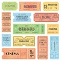 Theater or cinema admit one tickets, circus coupons and vintage old receipt. Retro ticket collection vector design template set Royalty Free Stock Photo
