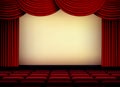 Theater or cinema auditorium screen with red curtains and seats Royalty Free Stock Photo