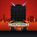 theater cinema building with futuristic city. Vector illustration Royalty Free Stock Photo