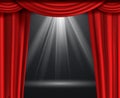 Theater curtain. Luxury red curtains at black dark entertainment scene with spotlight vector premium background Royalty Free Stock Photo