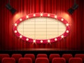 Theater frame illuminated by spotlight. Retro cinema sign with border decorated with lamps on red curtains