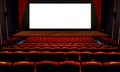 Theater hall with red seat and white screen