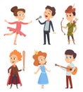 Theater kids. Children making performance at school stage vector funny characters theatre actors in action poses Royalty Free Stock Photo