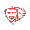 Theater mask icon in comic style. Comedy and tragedy cartoon vector illustration on white isolated background. Smile face splash