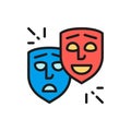 Theater masks, comedy and tragedy faces, smile and sad flat color line icon. Royalty Free Stock Photo