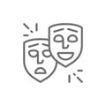 Theater masks, comedy and tragedy faces, smile and sad line icon. Royalty Free Stock Photo