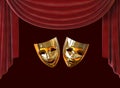 Theater masks, drama and comedy on a red curtain. 3D image