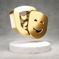Theater Masks icon. Shiny golden Theater Masks symbol on white marble podium Royalty Free Stock Photo