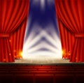 Theater, opera, cinema scene with red curtains vector realistic illustration