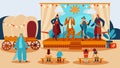 Theater performance for kids, show actors dressed in costumes playing fairytale on scene before children cartoon vector Royalty Free Stock Photo