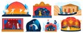 Theater performance vector illustration set, cartoon flat performer actor and actress characters performing drama story