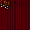 Theater red curtain. Suspended at the top are two masks of comedy and tragedy