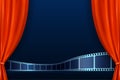 Theater red curtains with film strip on stage at the foreground. Modern Cinema Movie Background. Open curtains for theater or Royalty Free Stock Photo