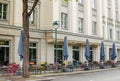 Theater Schauspiel in Leipzig, Germany. Outside view of wall and empty morning restaurant on the ground floor