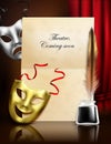 Theater season announcement advertisement stylish realistic composition with comedy tragedy masks paper ink feather pen vector