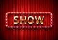 Theater show label. Festive stage lights shows, golden text on red curtains vector background illustration Royalty Free Stock Photo