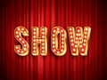 Theater show label. Red curtain for stage, drapery theater