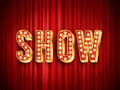 Theater show label. Red curtain for stage, drapery theater