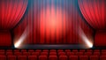 Theater show stage interior with red curtain, spotlight and theater chairs