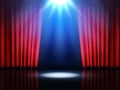 Theater show stage. Red curtains. Open Broadway scene. Cabaret backdrop with spotlights. Illuminated spot. Cinema Royalty Free Stock Photo