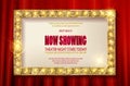 Theater sign or cinema sign on red curtain. Royalty Free Stock Photo