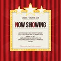 Theater sign or cinema sign with stars on red curtain. Gold retro signboard Royalty Free Stock Photo