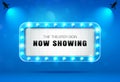 Theater sign on curtain blue with spotlight